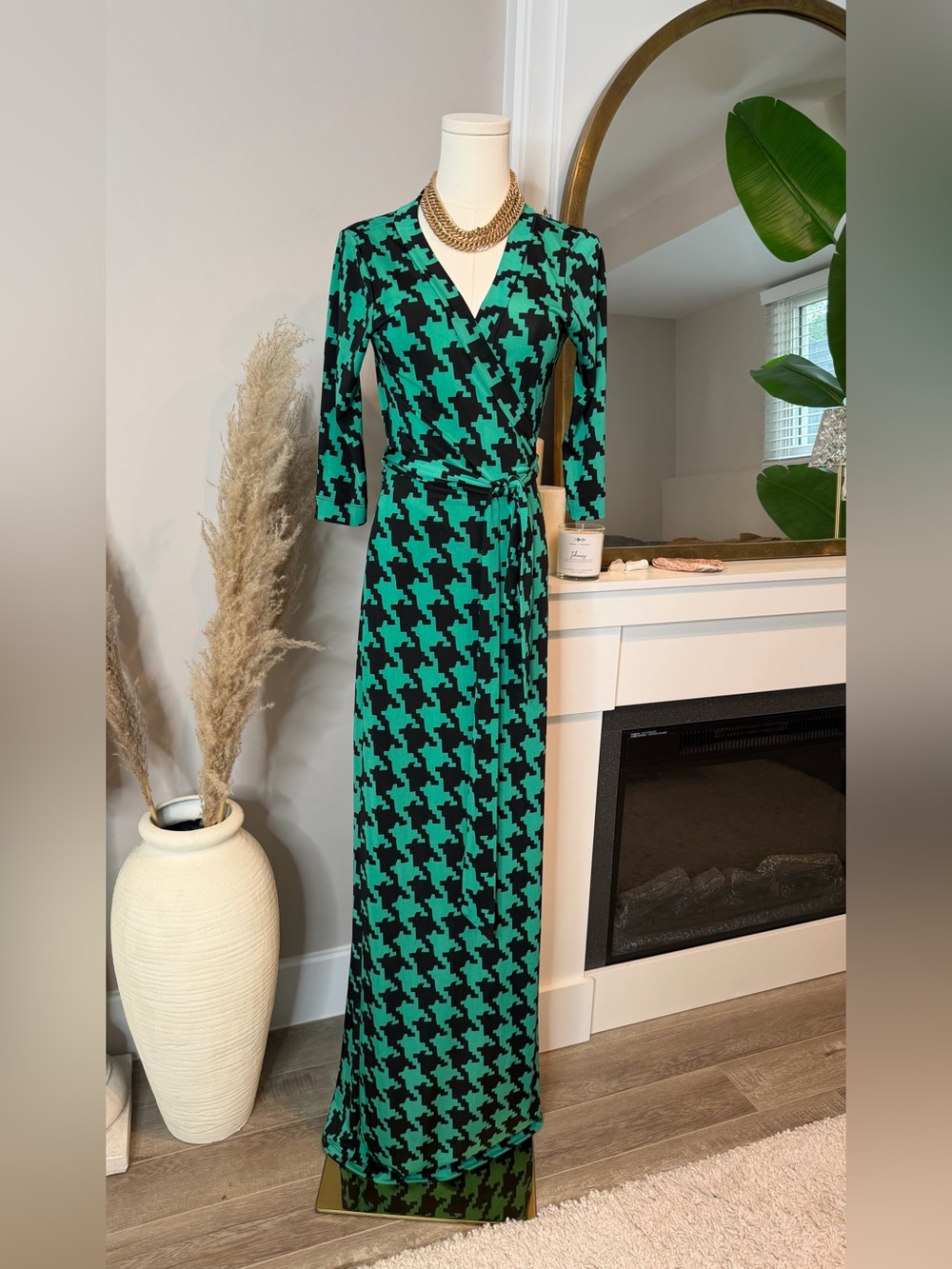 Green and Black Houndstooth Wrap Maxi Dress - Women